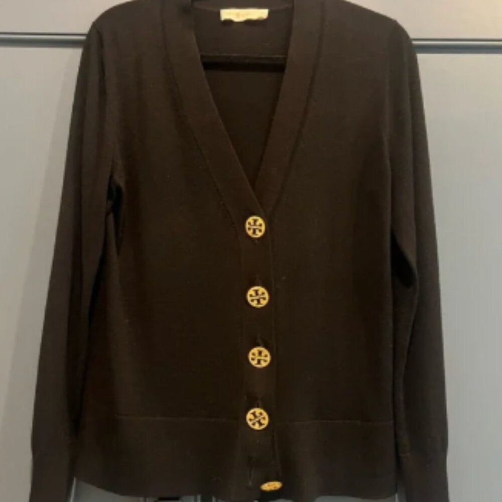Tory Burch Black Merino Wool Cardigan with Gold Logo Buttons - L